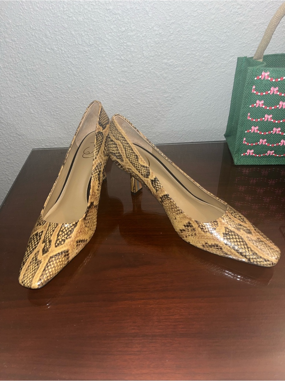 Sam Edelman Tan and Black Snake-Print Pointed Toe Pumps